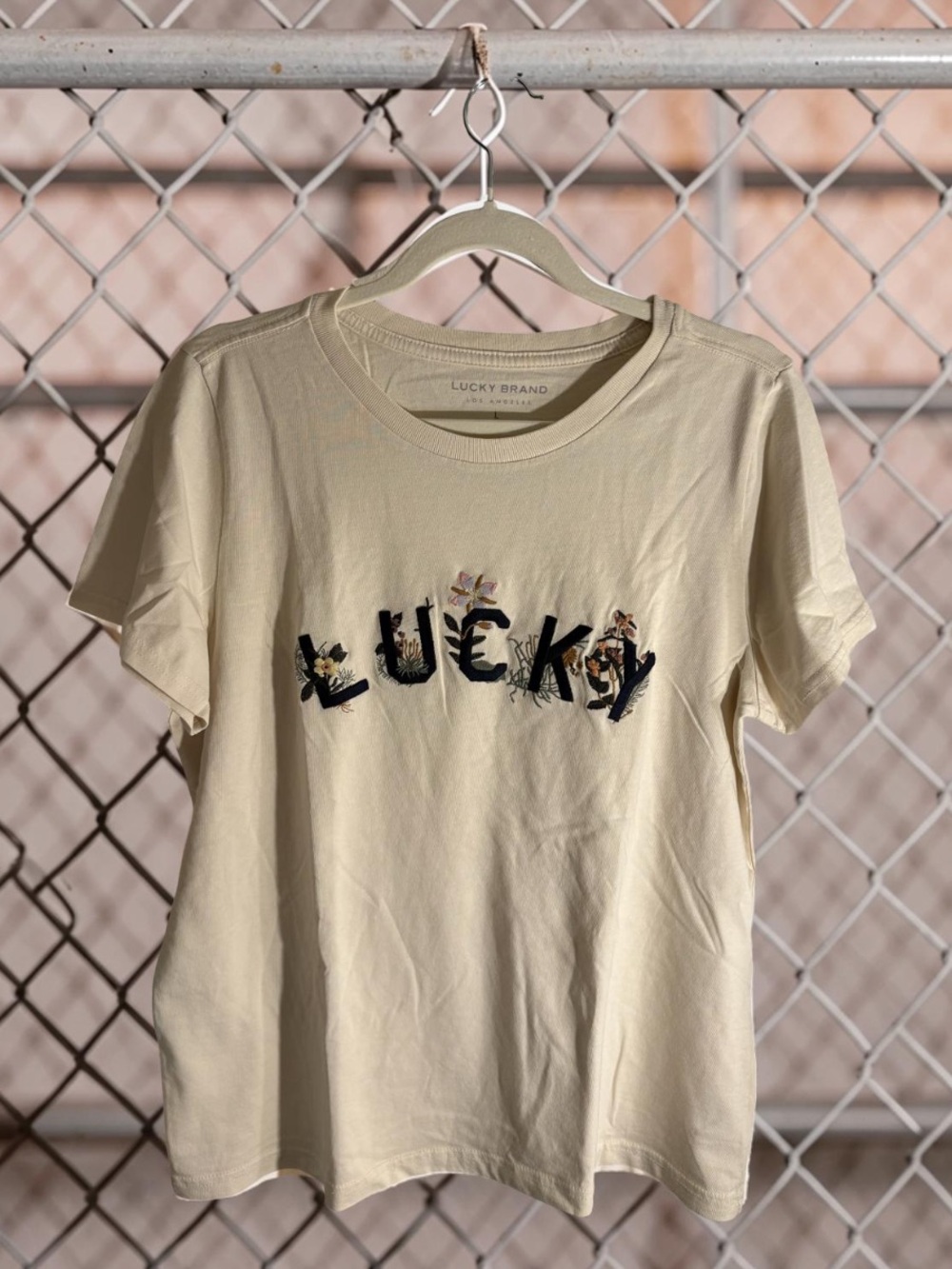 NEW Lucky Brand Cream Tee with Navy Floral 'LUCKY' Embroidery - Picture 7 of 7